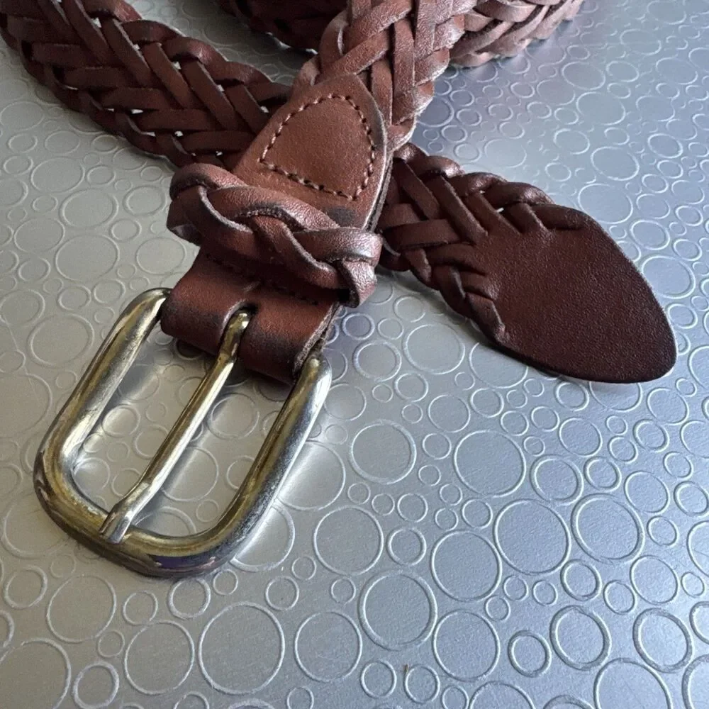 Vintage Argentina Braided Leather Belt Womens L XL 34 36 Brown Woven Skinny 1”